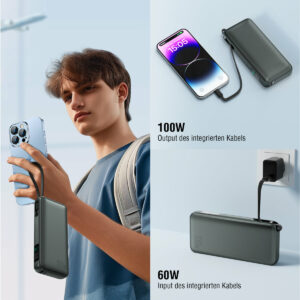 4smarts Powerbank Enterprise mit integriertem USB-C Kabel 20000mAh 130W spacegrau
