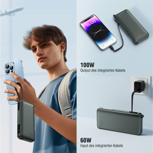 4smarts Powerbank Enterprise mit integriertem USB-C Kabel 20000mAh 130W spacegrau