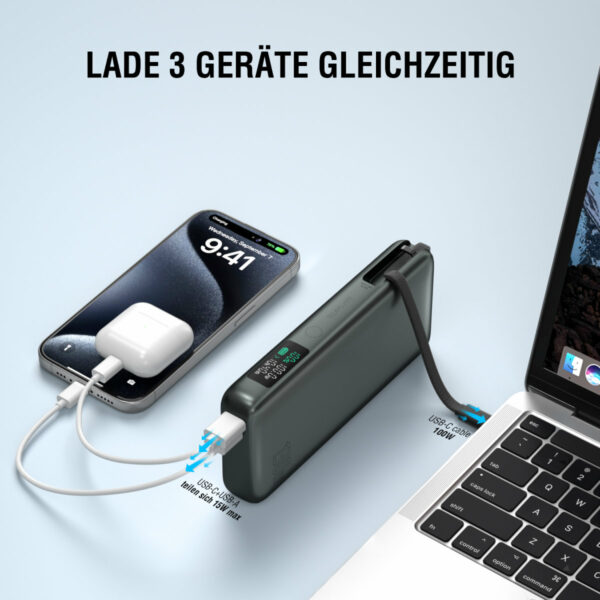 4smarts Powerbank Enterprise mit integriertem USB-C Kabel 20000mAh 130W spacegrau