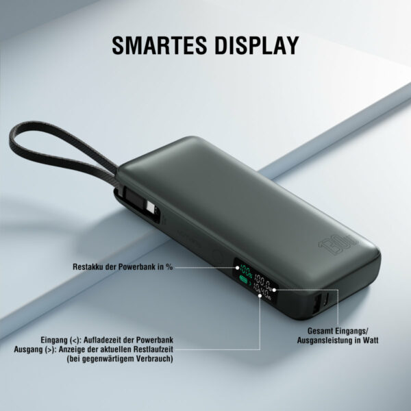 4smarts Powerbank Enterprise mit integriertem USB-C Kabel 20000mAh 130W spacegrau